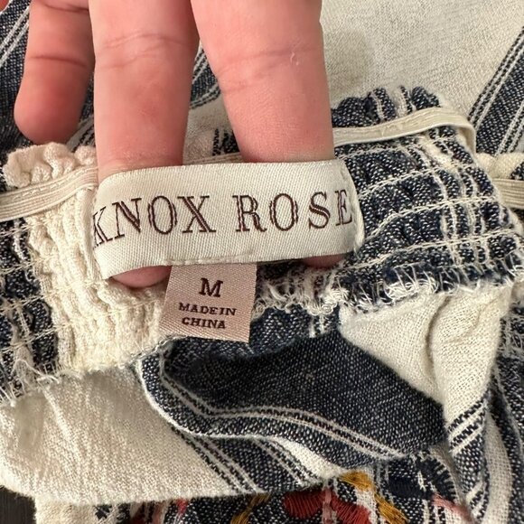 Knox Rose Linen Blend Off Shoulder Tiered Floral Embroidered Striped Top Size M - Picture 5 of 7